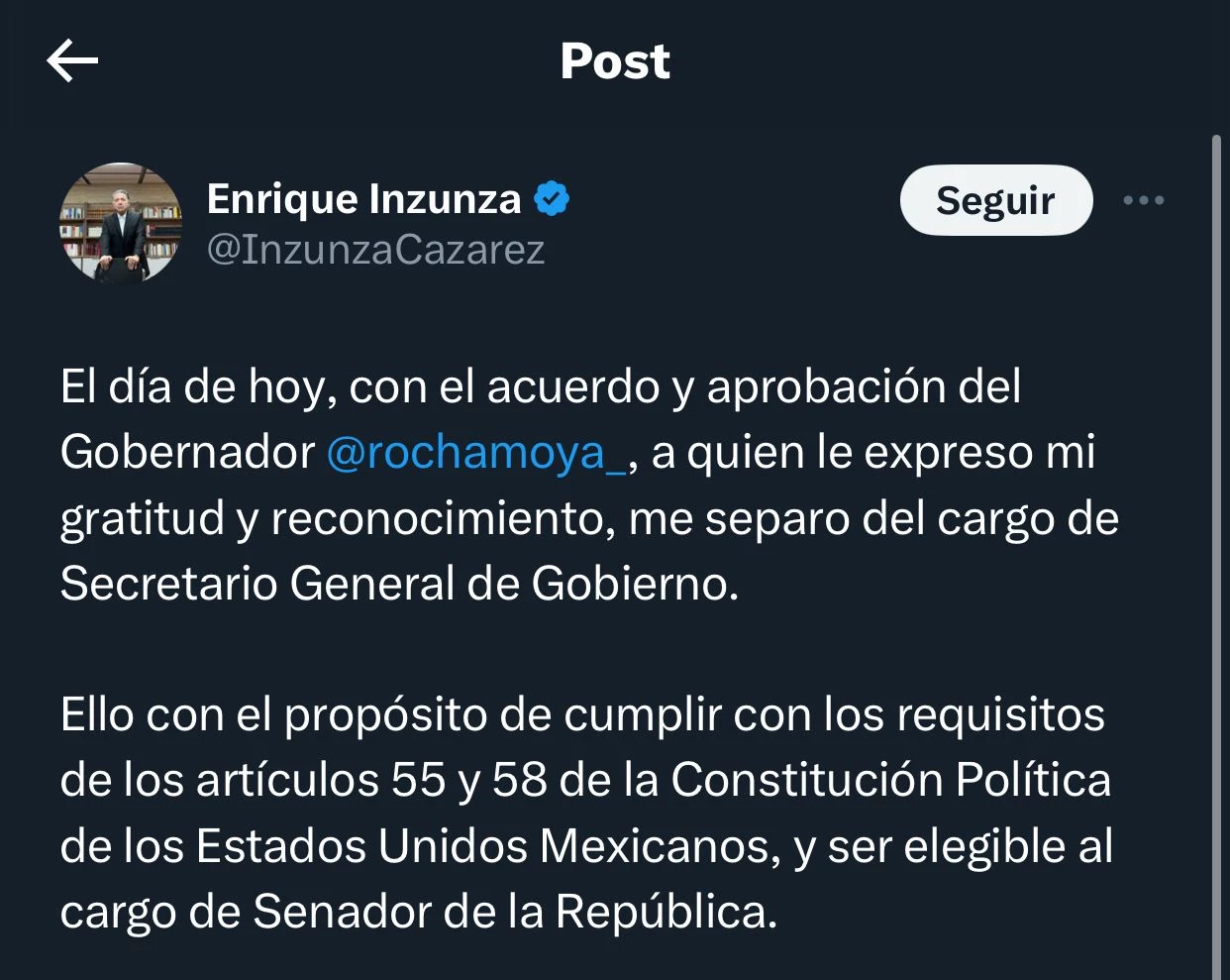 Renuncia Enrique Inzunza A La Secretar A De Gobierno Lo Relevante