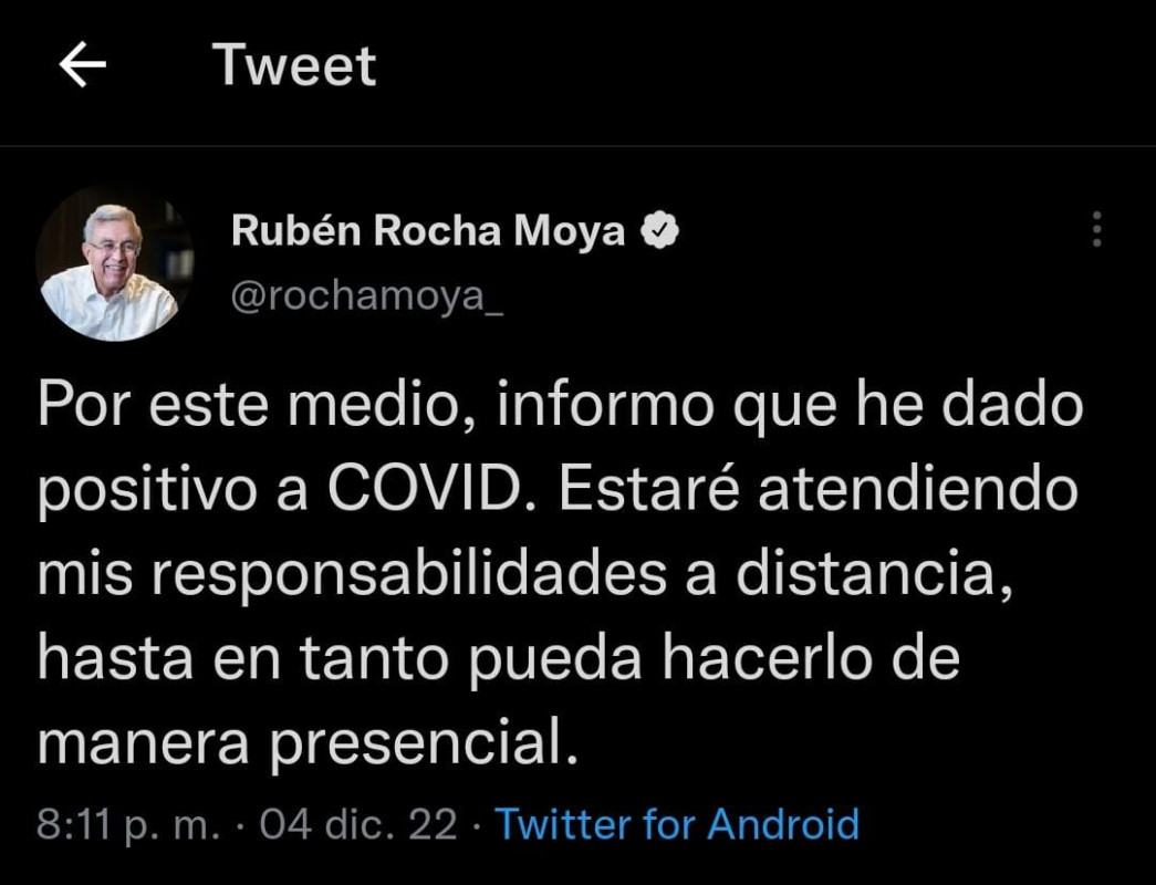 Informa el Gobernador de Sinaloa Rubén Rocha estar contagiado de COVID-19