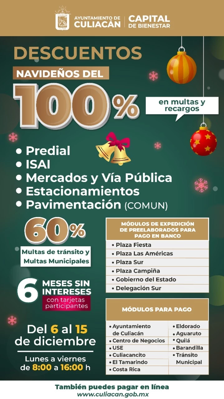 Aprovecha los descuentos navideños que el Ayuntamiento de Culiacán ofrece para ti