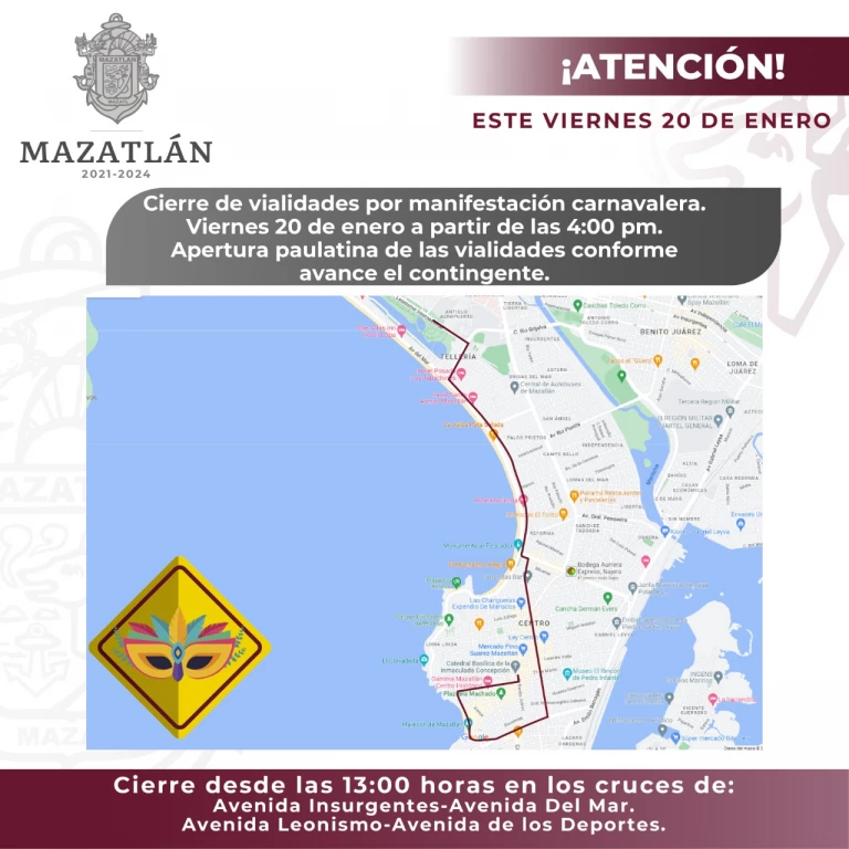 ¡Tome sus precuaciones!, cerrarán vialidades en Mazatlán por manifestación Carnavalera