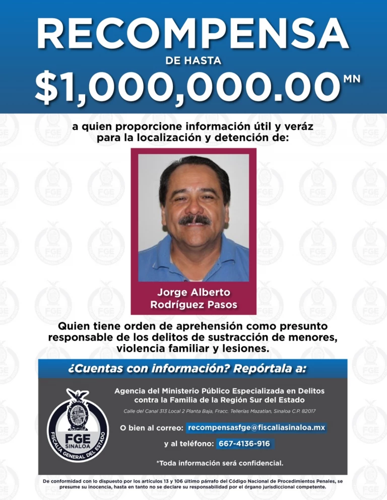 FGE ofrece hasta un millón de pesos de recompensa por el ex Alcalde de Mazatlán