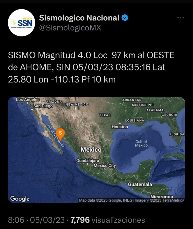 Se registra sismo magnitud 4.0 a 97km de Ahome