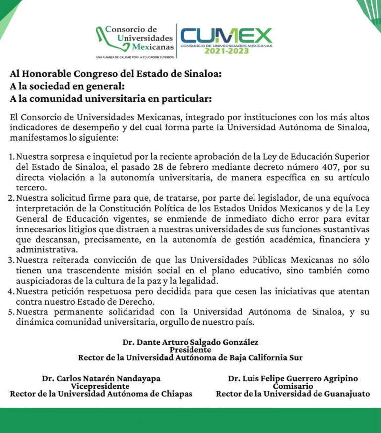 Solicita CUMex a diputados de Sinaloa enmendar error en la Ley de Educación Superior por violación a la autonomía universitaria