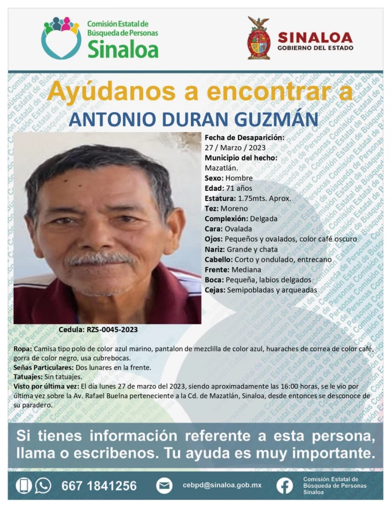 Continúa la búsqueda de Antonio Durán Guzmán que desapareció el pasado 27 de marzo en Mazatlán
