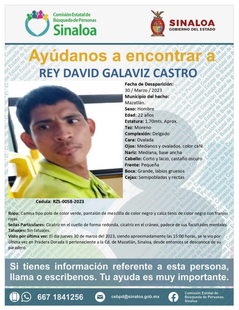 Familia pide ayuda para encontrar a Rey David, desaparecido en Mazatlán