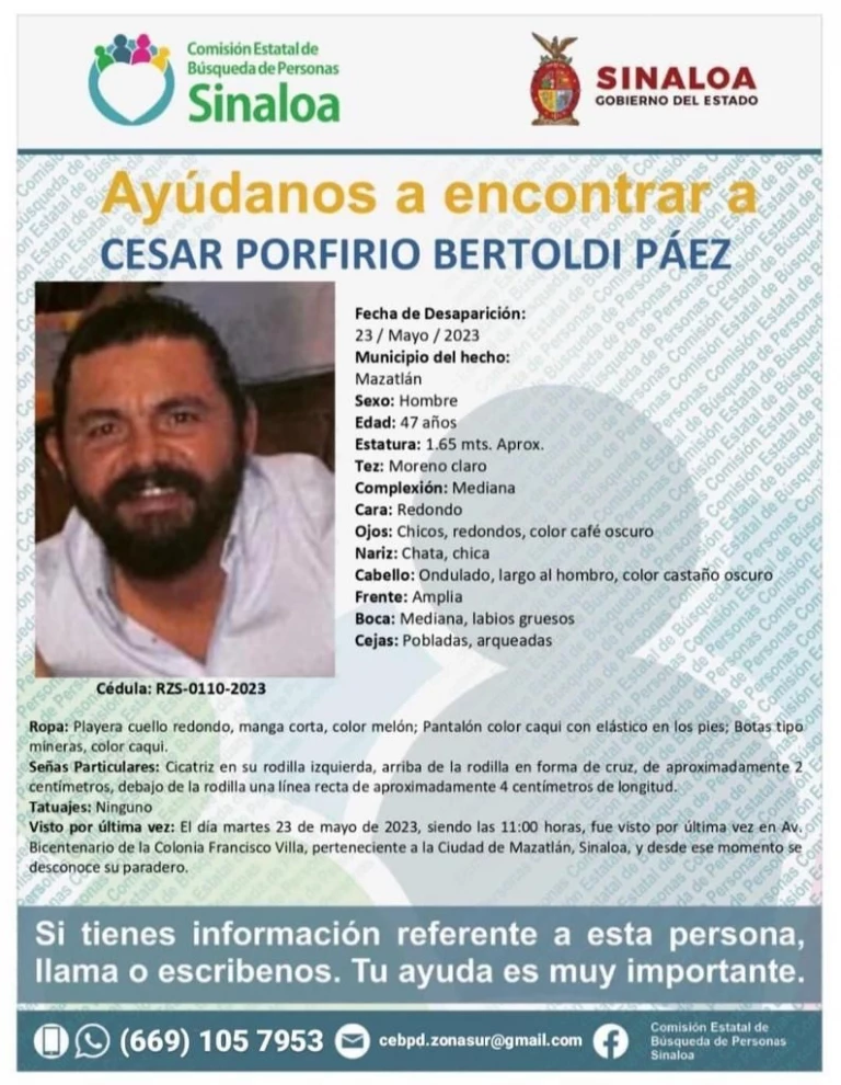 Familiares buscan a César Bertoldi Páez, desaparecido en Mazatlán
