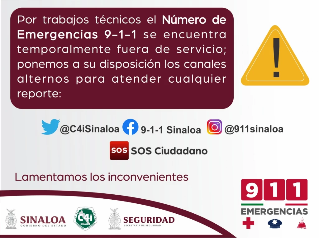 ¡Atención! Se encuentra suspendida línea de emergencias 911 en Sinaloa