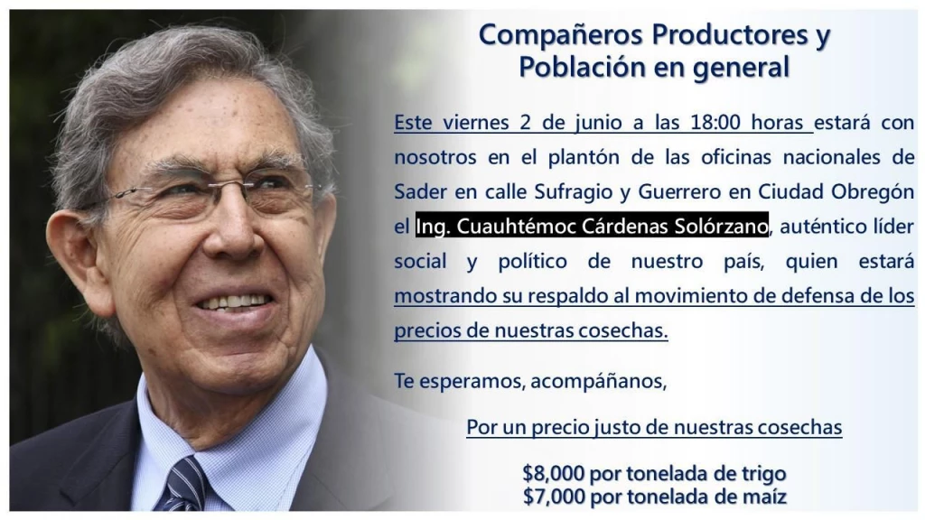 Participará Cuauhtémoc Cárdenas en foro regional sobre política alimentaria en CO, y estará presente con agricultores en plantón