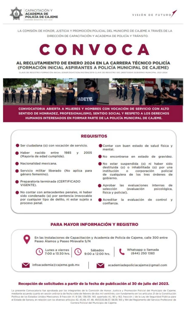 Abren convocatoria para aspirantes a cadetes de la Academia de Policía