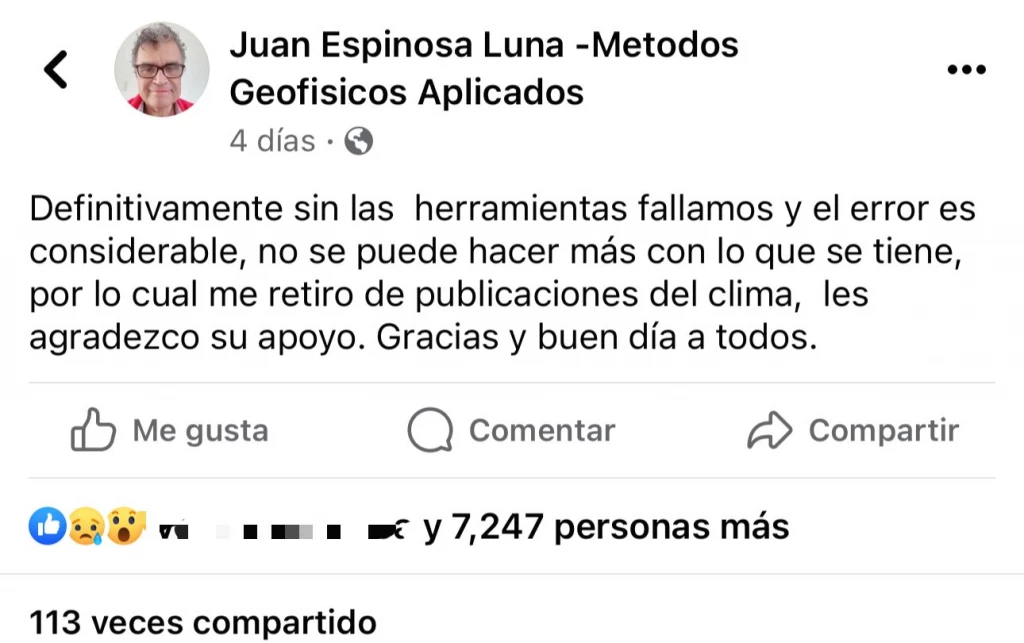 A falta de recursos Juan Espinoza ya no podrá brindar más información del clima