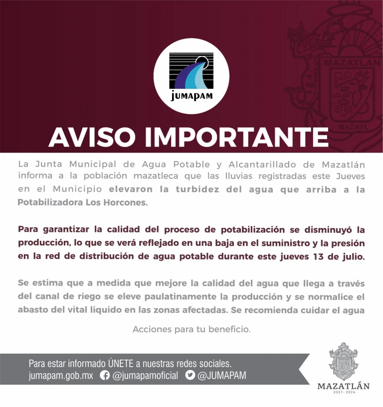 ¡A cuidar el agua! Jumapam advierte disminución de agua por lluvias torrenciales en Mazatlán