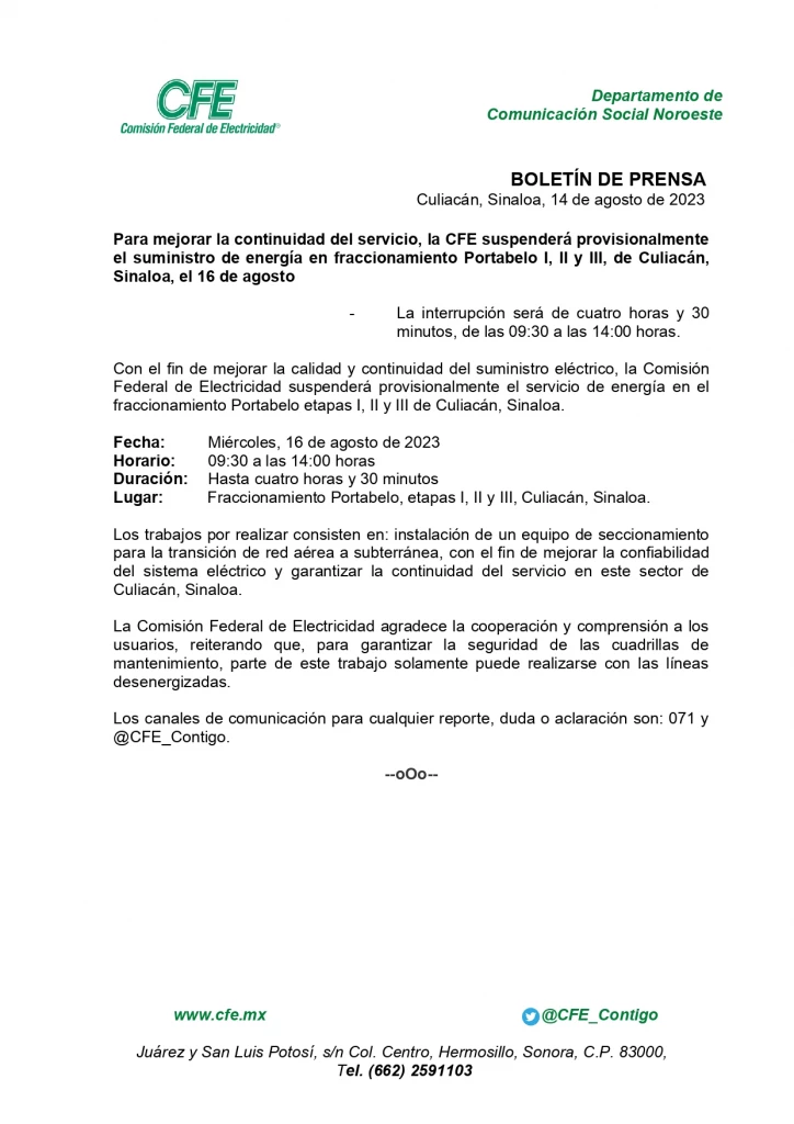 CFE interrumpirá el sevicio en Portabelo el próximo 16 de agosto