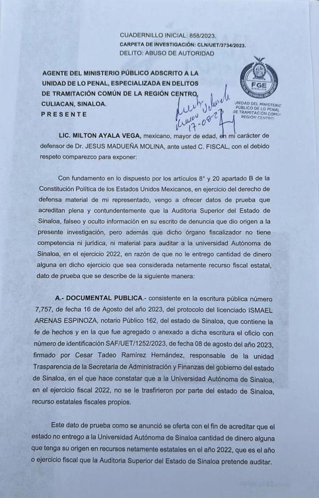 Presentan abogados pruebas de que la ASE no puede auditar a la UAS porque no recibió ningún recurso fiscal estatal en el 2022