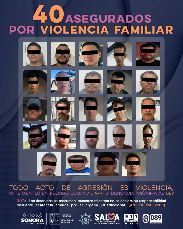 Detiene Policía Estatal a 40 personas por violencia familiar en Sonora durante agosto