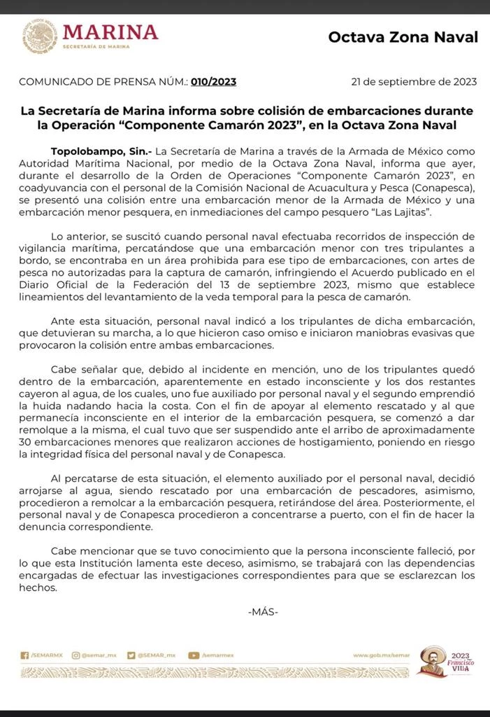 Responsabiliza SEMAR a pescadores por accidente donde muere joven en choque entre lanchas en Las Lajitas