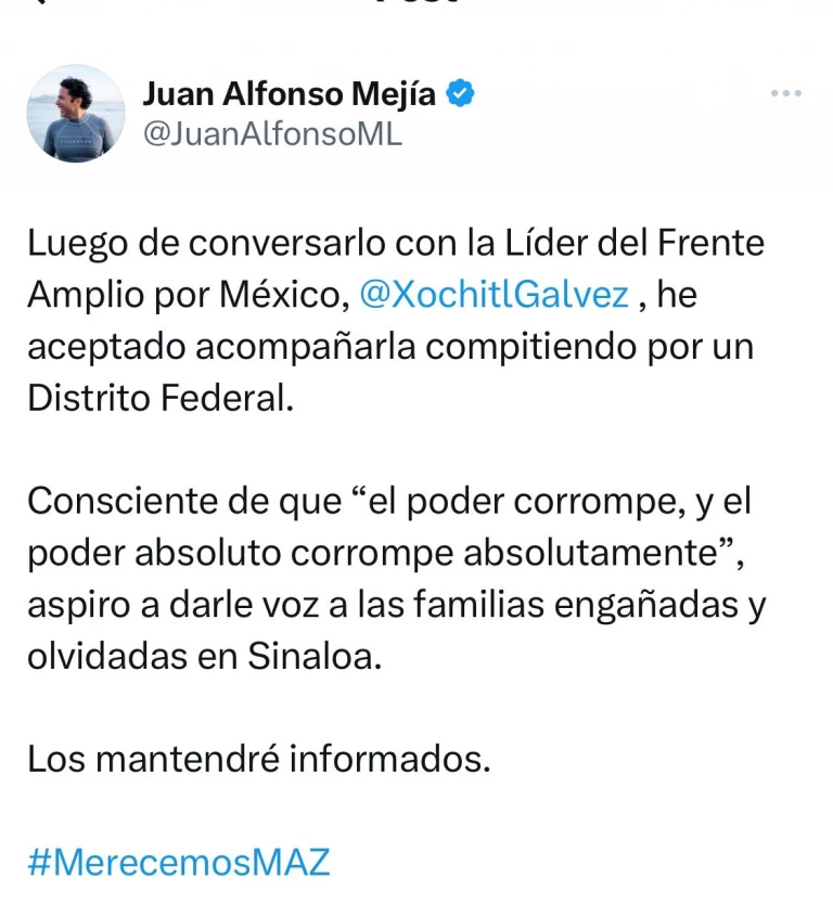 Juan Alfonso Mejía declina su aspiración por la alcaldía de Mazatlán