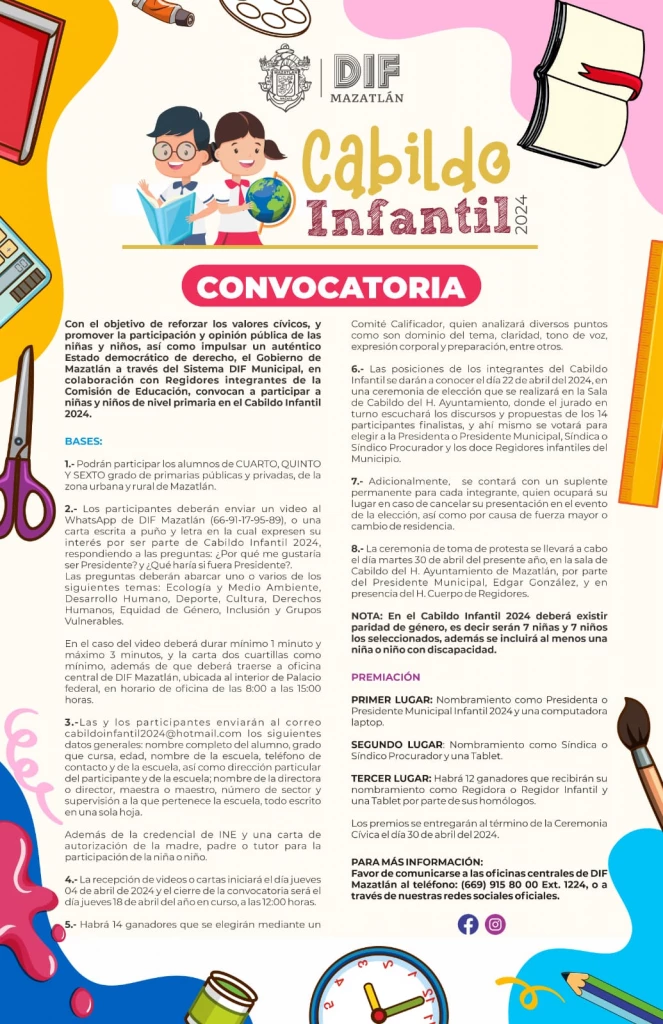 Sistema DIF Mazatlán abre convocatoria para sumarse al Cabildo Infantil 2024