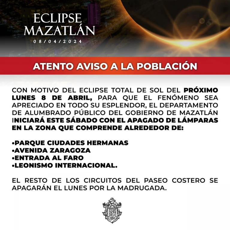 Alumbrado público de Mazatlán se apagará para observación del Eclipse