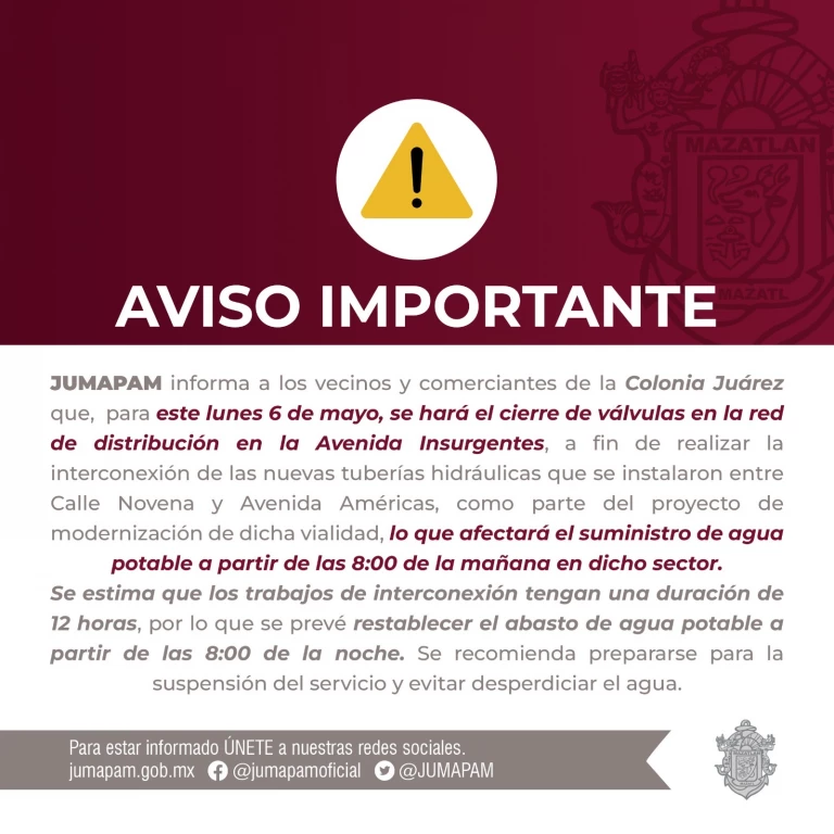 ¿Vives en la colonia Benito Juárez? Se afectará el suministro de agua potable por el cierre de válvulas