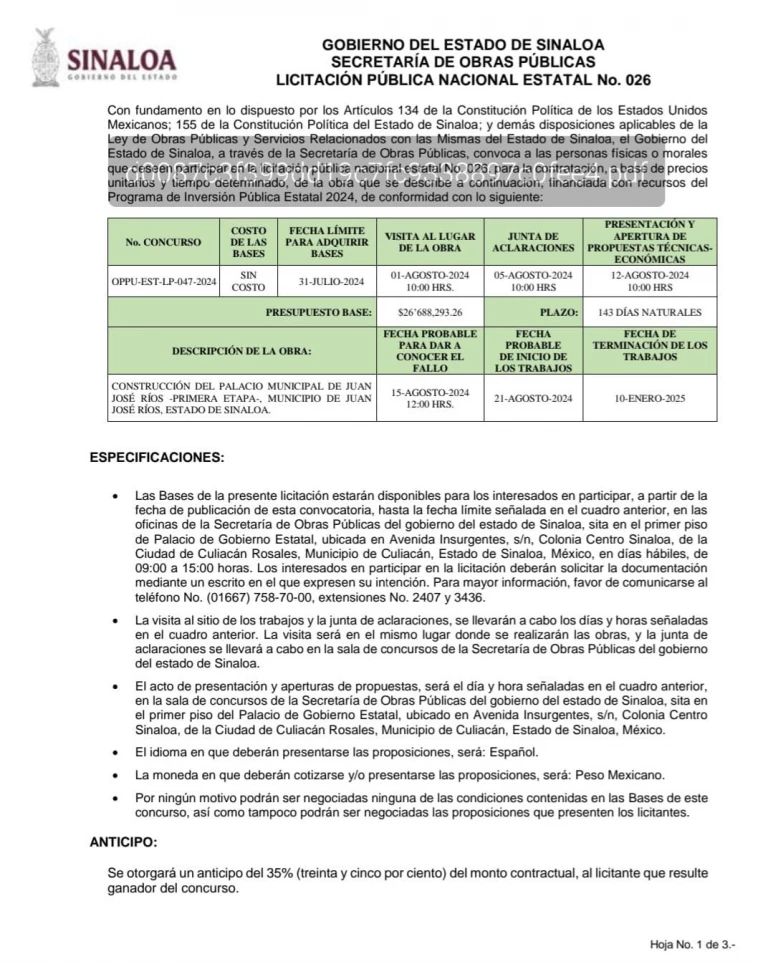 Convoca el Gobierno de Sinaloa a constructoras
