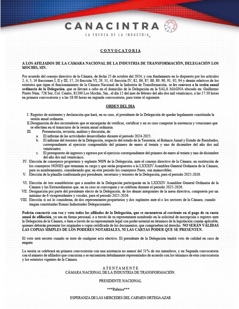 Canacintra convoca a afiliados para elegir al presidente de la Cámara 2025-2026