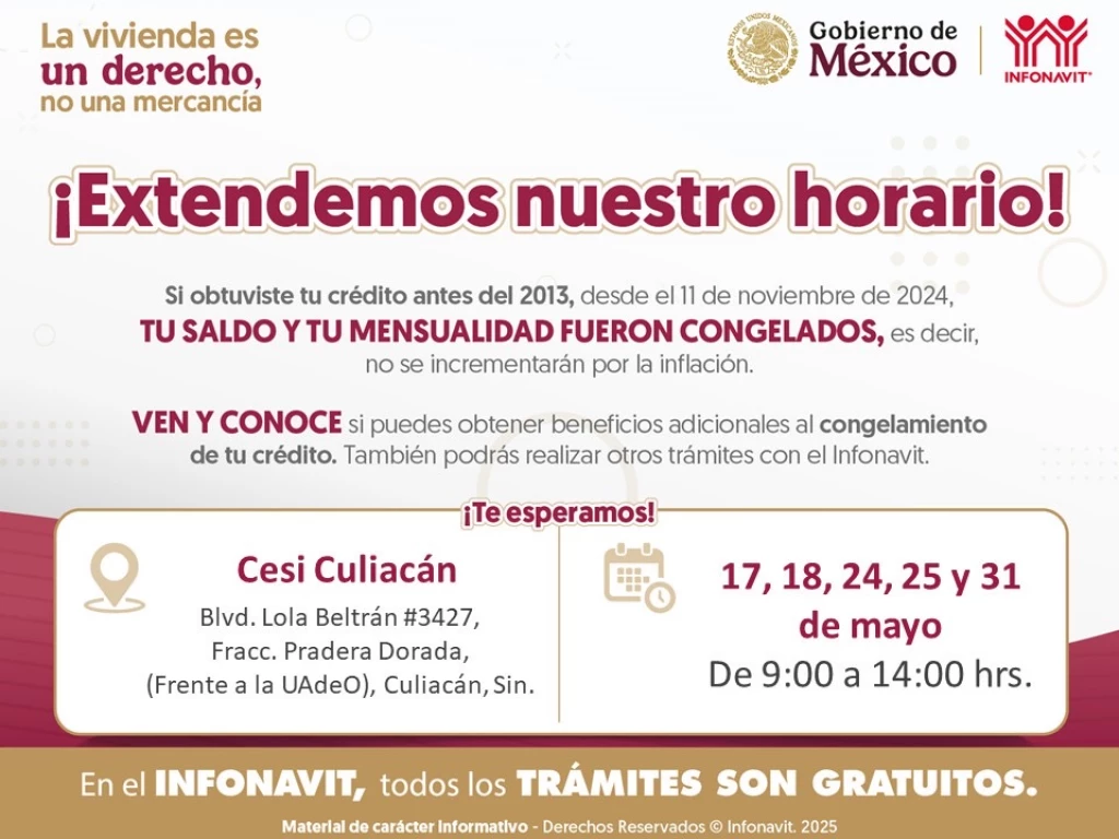 INFONAVIT amplía horario de atención en Sinaloa