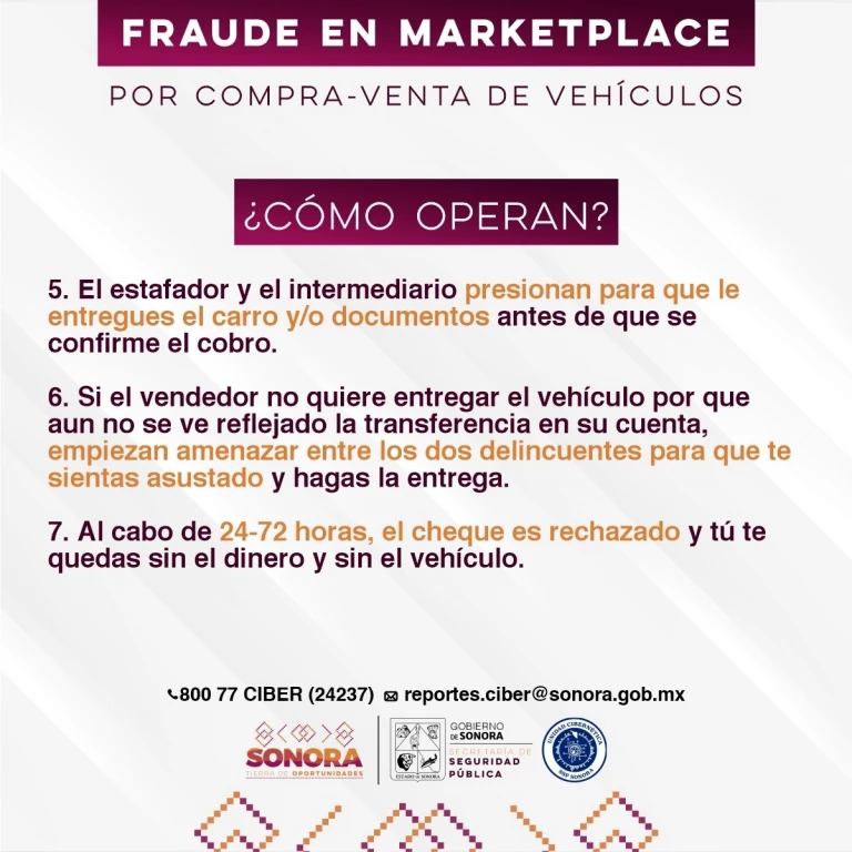 Gobierno de Sonora alerta por modalidad de estafa en compra y venta de vehículos en Marketplace