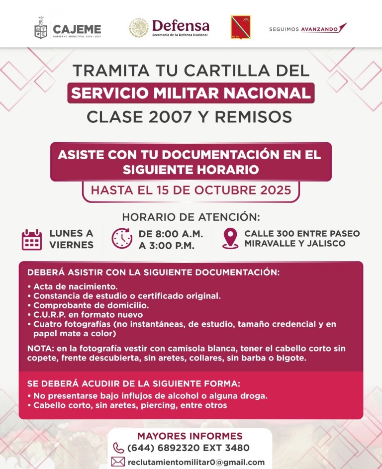 Invitan a jóvenes de Cajeme a tramitar su Cartilla del Servicio Militar Nacional