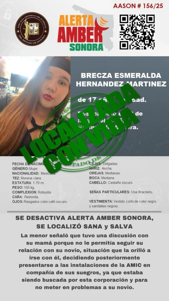 Se desactiva Alerta Amber: localizan sana y salva a Brecza Hernández, de 17 años