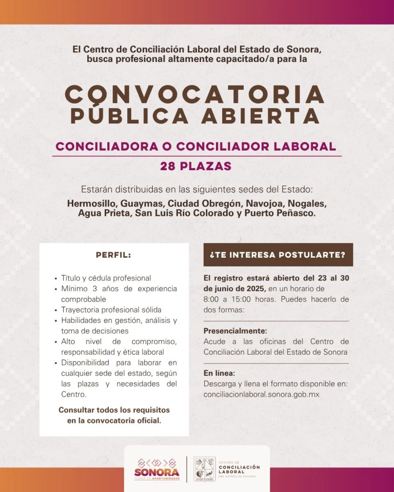 Inicia registro para convocatoria de personas conciliadoras laborales en Sonora