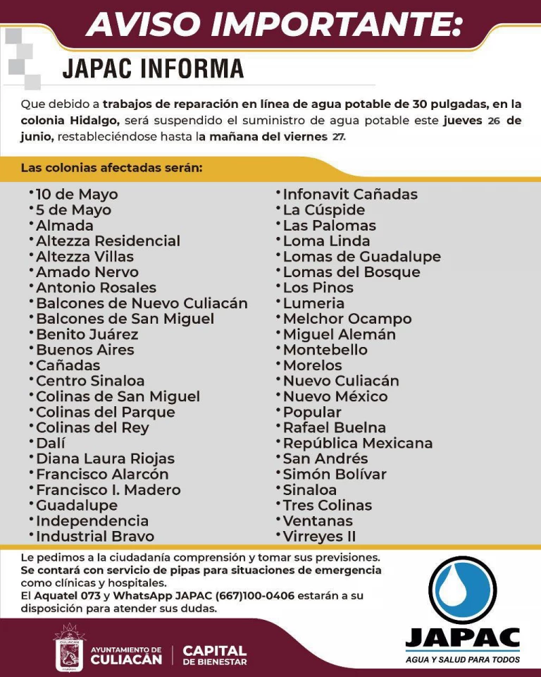 Este jueves 24 de junio se reparará una línea en la Miguel Hidalgo en Culiacán: JAPAC