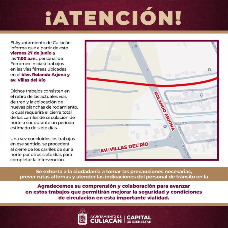 Cierran tramo del bulevar Arjona por obras de Ferromex en Culiacán