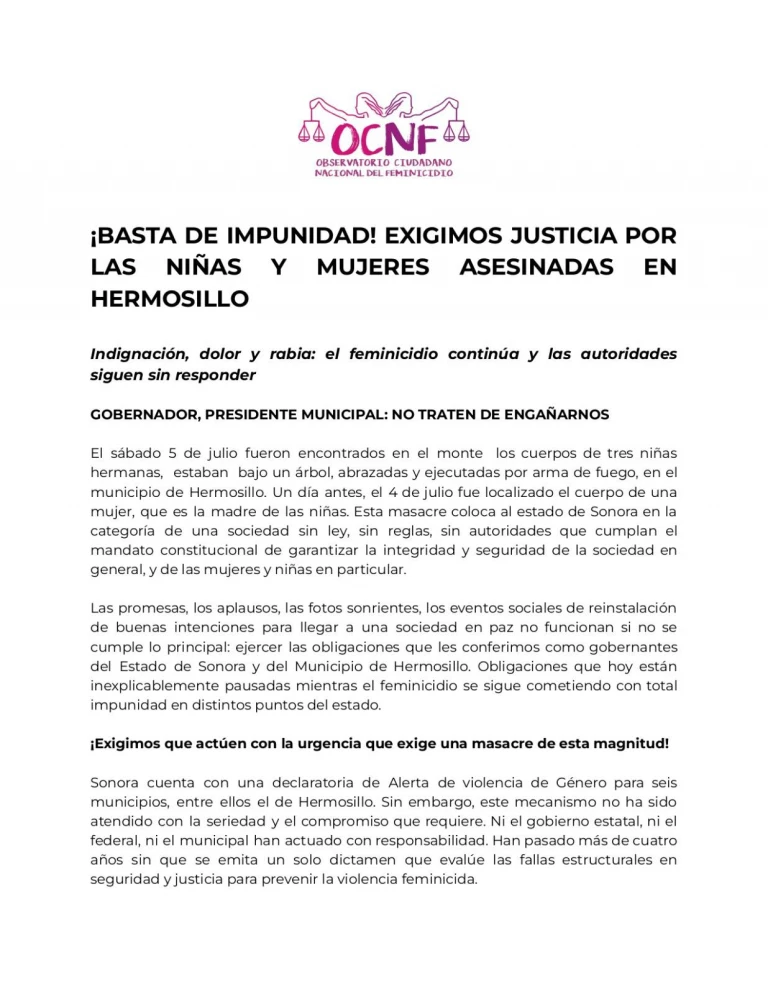 Colectivos exigen justicia y fin de la impunidad en Sonora: 40 mujeres asesinadas en lo que va del año, sólo 4 casos clasificados como feminicidio