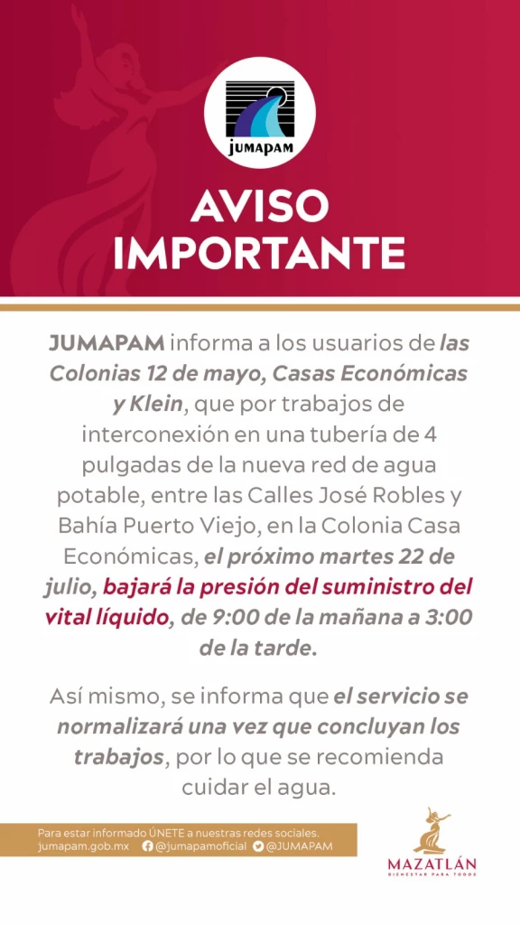 En tres colonias de Mazatlán se bajará la presión del suministro de agua este martes 22 de julio