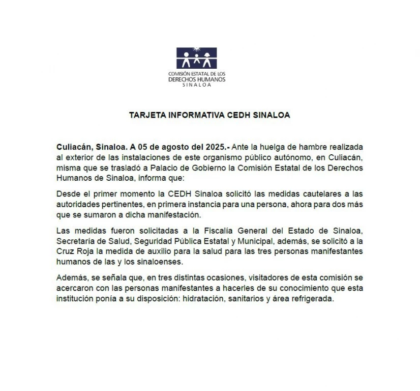 Tras huelga de hambre realizada a las afueras de la CEDH Sinaloa, ésta se pronuncia