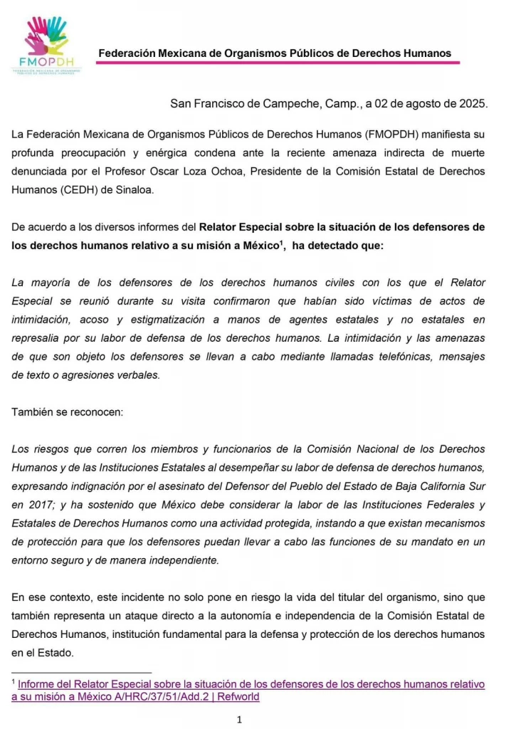 Federación Mexicana de Organismos Públicos de Derechos Humanos condena amenaza a Oscar Loza