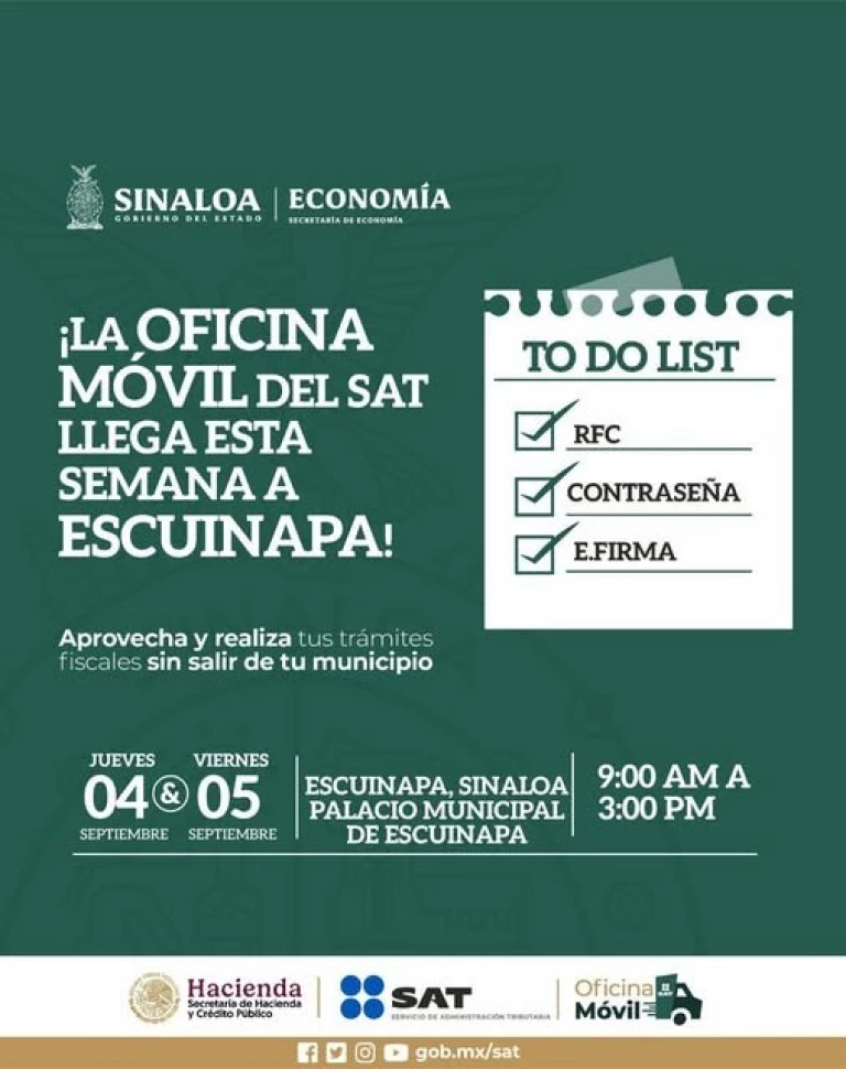 Oficina Móvil del SAT ofrecerá trámites fiscales en Escuinapa