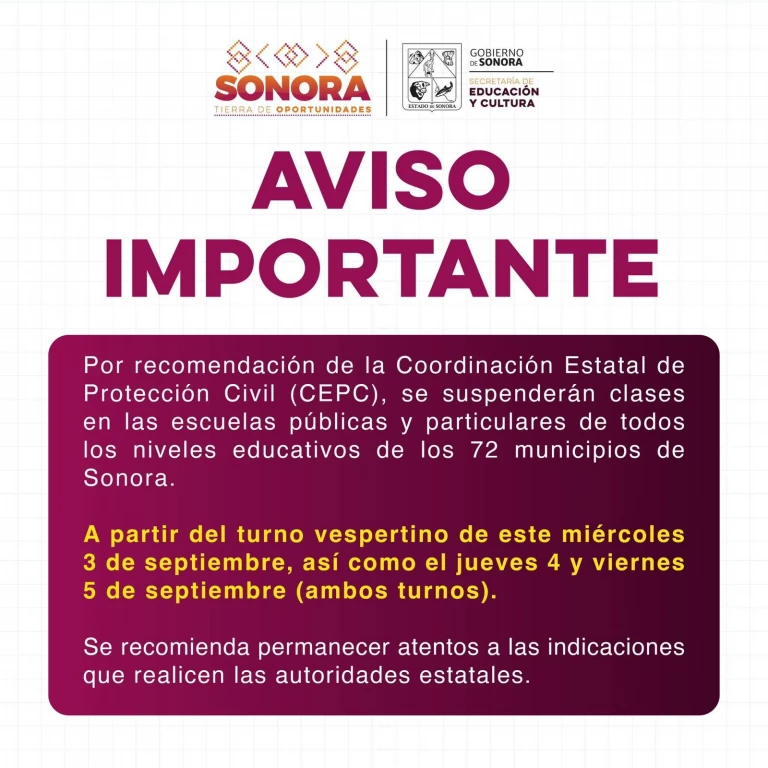 Suspenden clases en todo Sonora por huracán Lorena