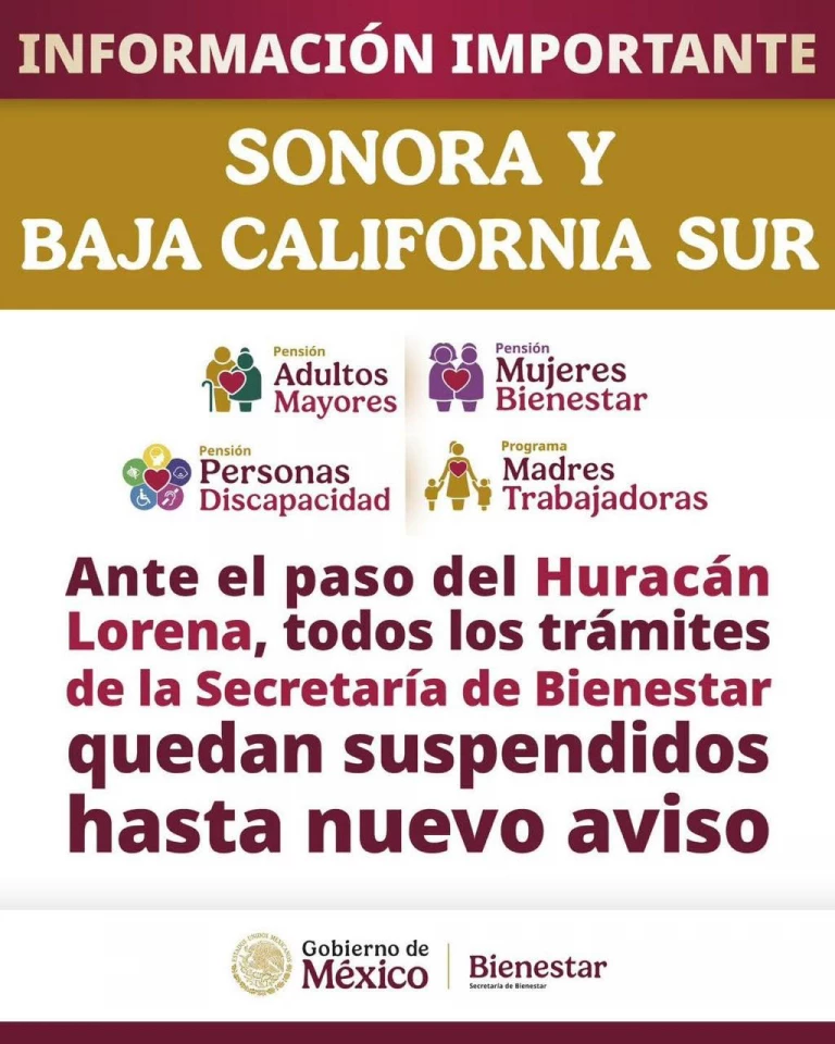 Se suspenden actividades de Bienestar en Sonora por huracán Lorena
