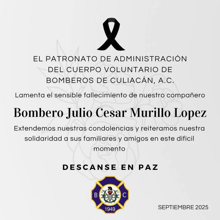 Bomberos Culiacán lamentan pérdida del bombero voluntario Julio César