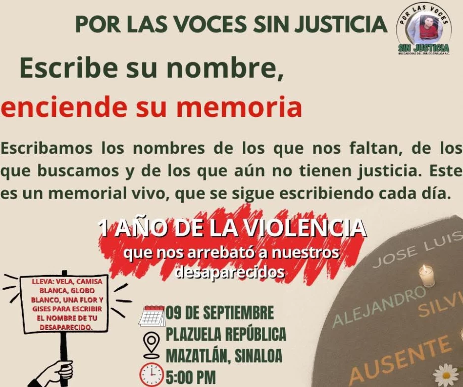 Colectivo Por las Voces sin Justicia Mazatlán invita al “Memorial Vivo” para exigir justicia y visibilidad por los victimas desaparecidas por la violencia