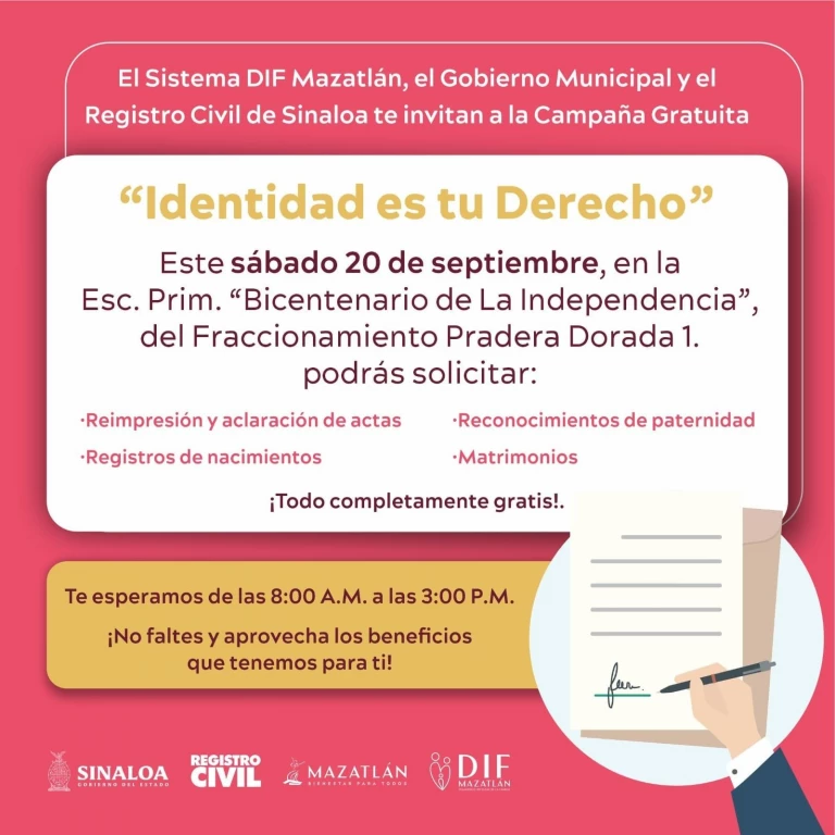 Acude a la campaña “Identidad es tu Derecho” para aprovechar los trámites gratuitos del Registro Civil en Mazatlán