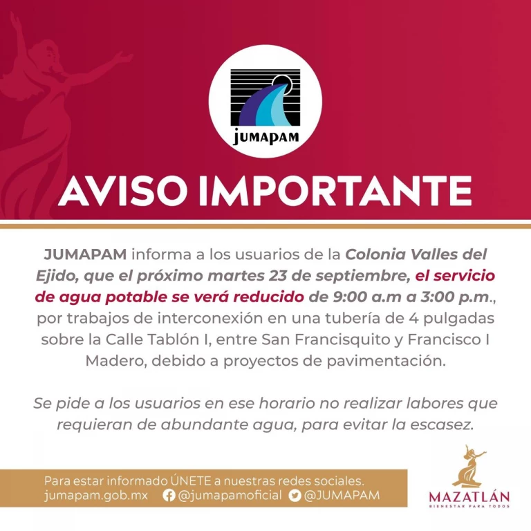 Se limitará suministro de agua potable en la colonia Valles del Ejido de Mazatlán