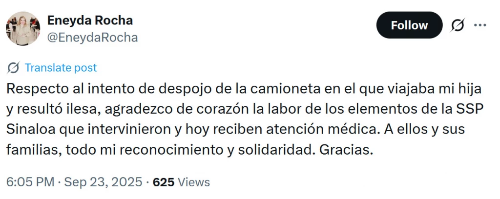 "Mi hija resultó ilesa": Rocha Ruíz