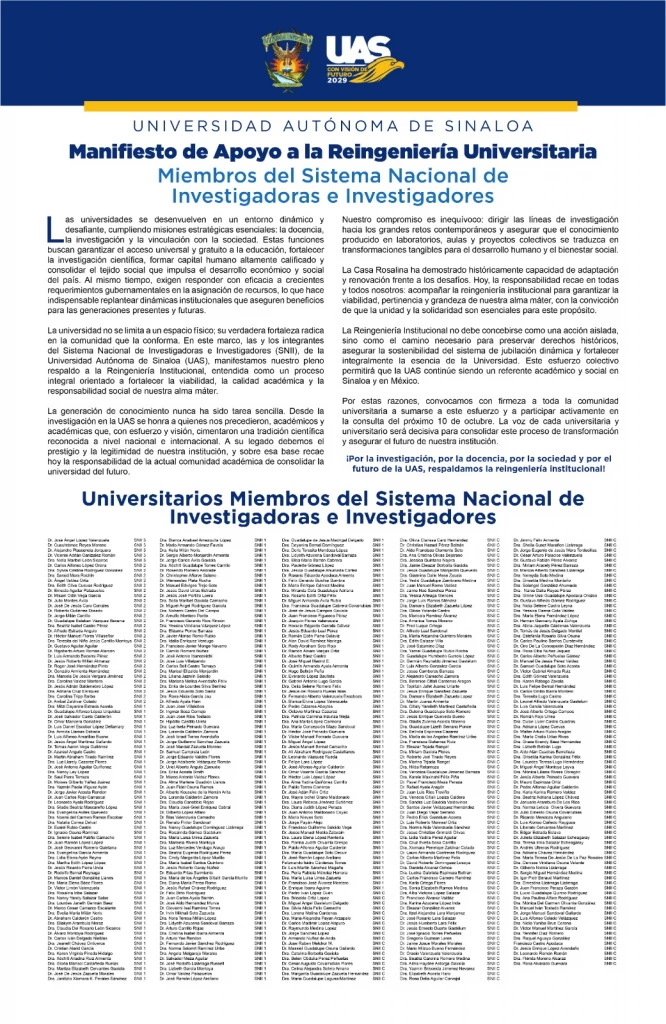 Miembros del Sistema Nacional de Investigadoras e Investigadores expresan su respaldo a la Reingeniería Institucional de la UAS