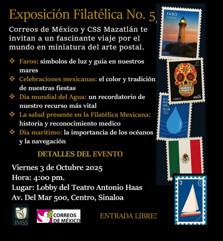 Centro de Seguridad Social de Mazatlán invita a la Exposición Filatélica Número 5