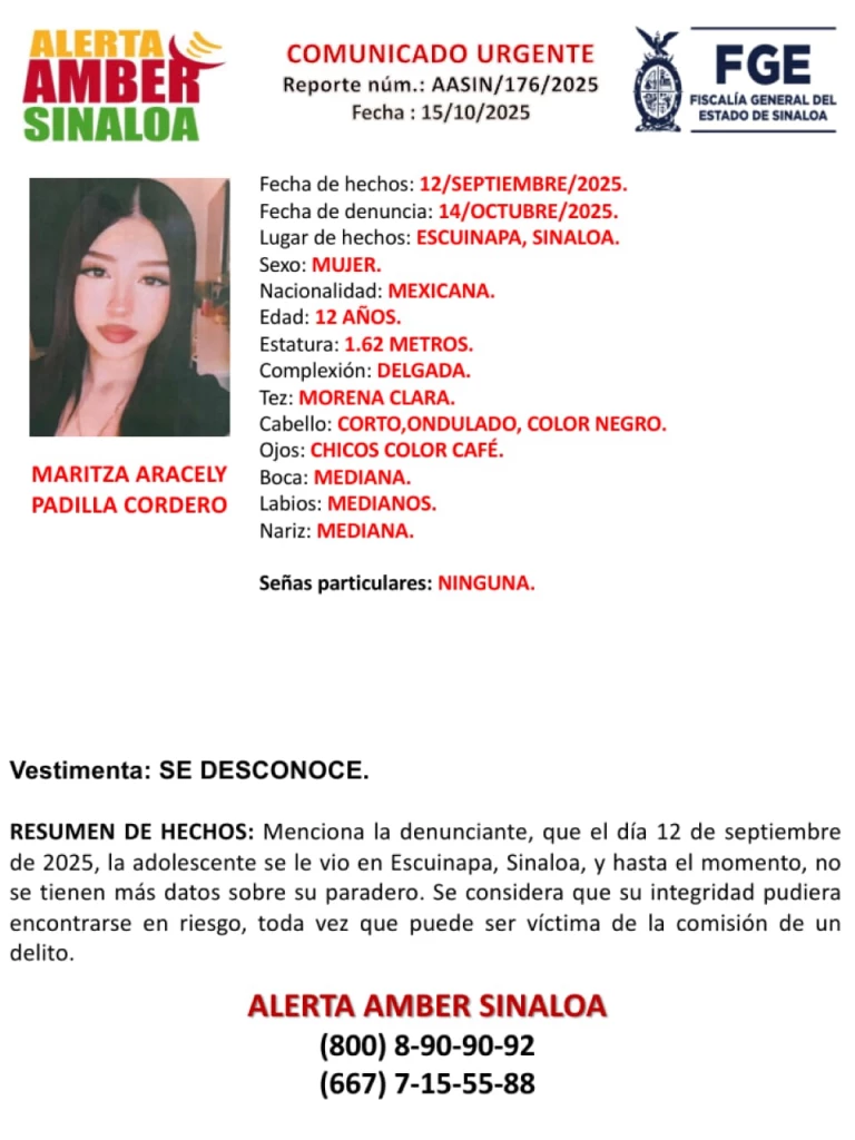 Desaparece Maritza Aracely de 12 años de edad en Escuinapa