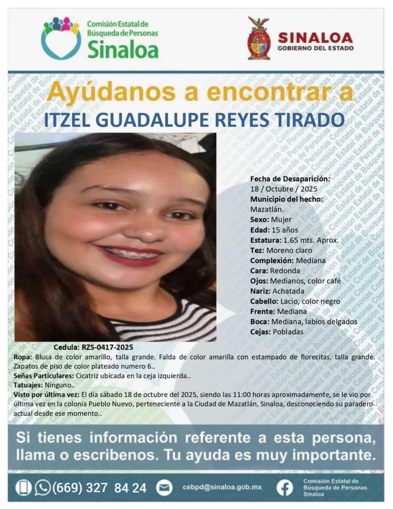 Itzel Reyes, jovencita de 15 años de edad se encuentra desaparecida en Mazatlán 