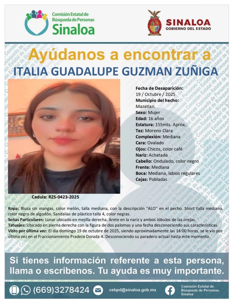 Italia de 16 años de edad desapareció en Mazatlán el pasado domingo 19 de octubre
