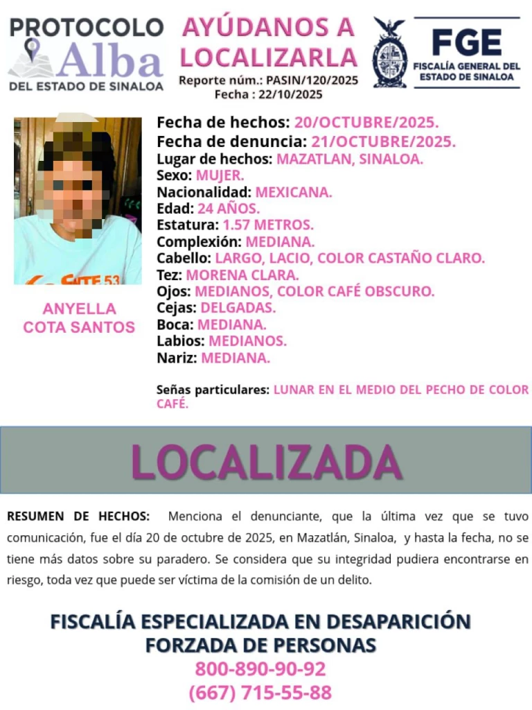 Confirma Fiscalía que Anyella de 24 años de edad fue encontrada sin vida